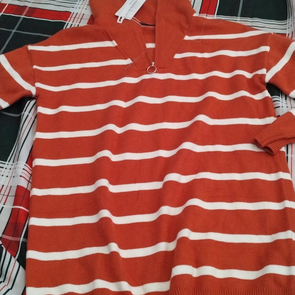 XL women sweater by Merokeety orange with white stripe zipper neck